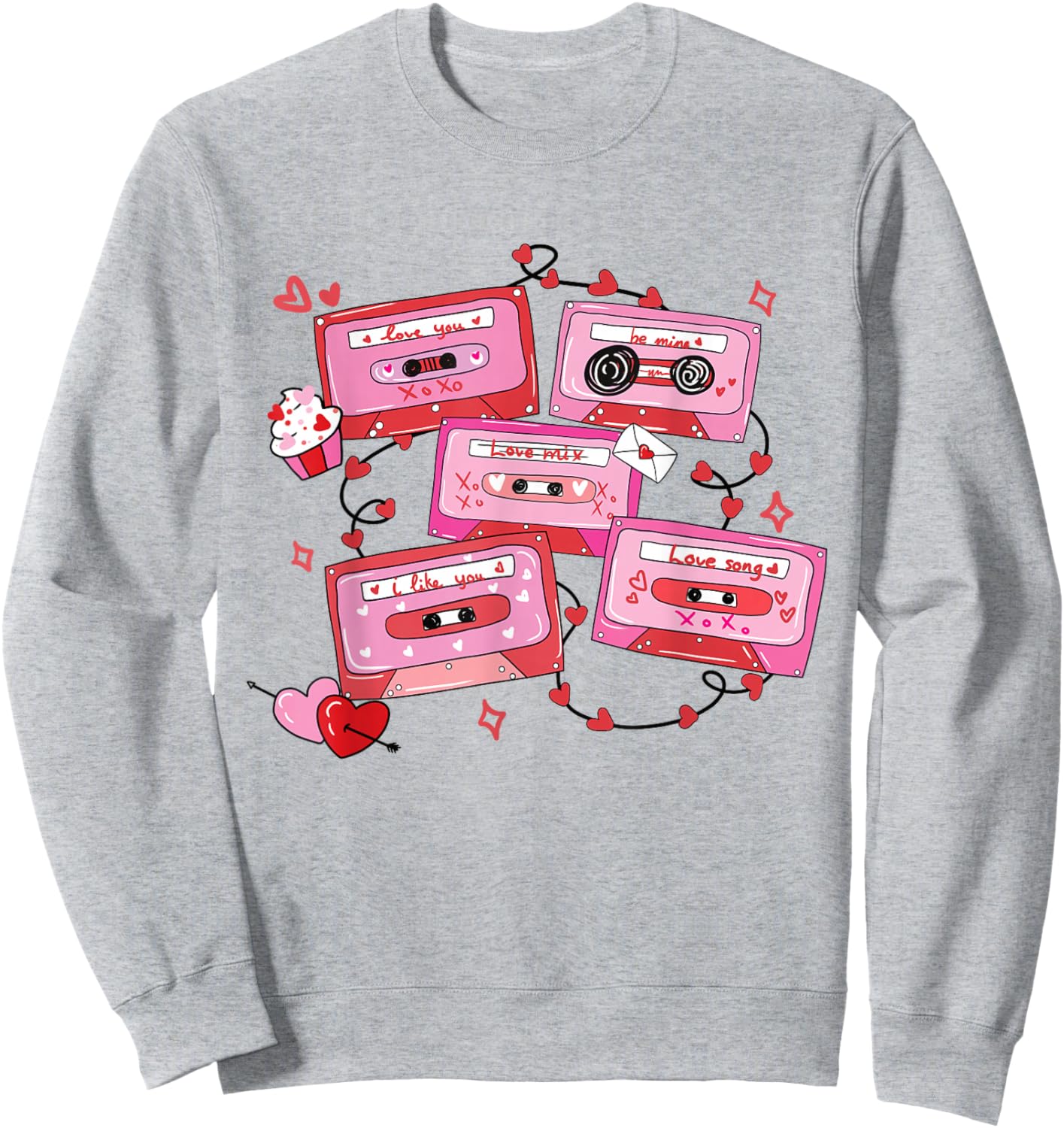 Retro Valentine Cassette Tape Heart Music Illustration Sweatshirt - Sweatshirt | Ash