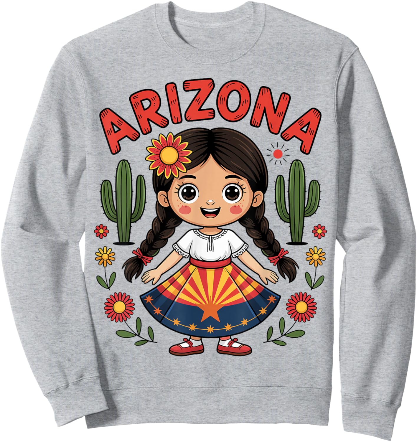 Cute Arizona Girl in State Flag Dress and Cactus for Kids Sweatshirt - Sweatshirt | Ash
