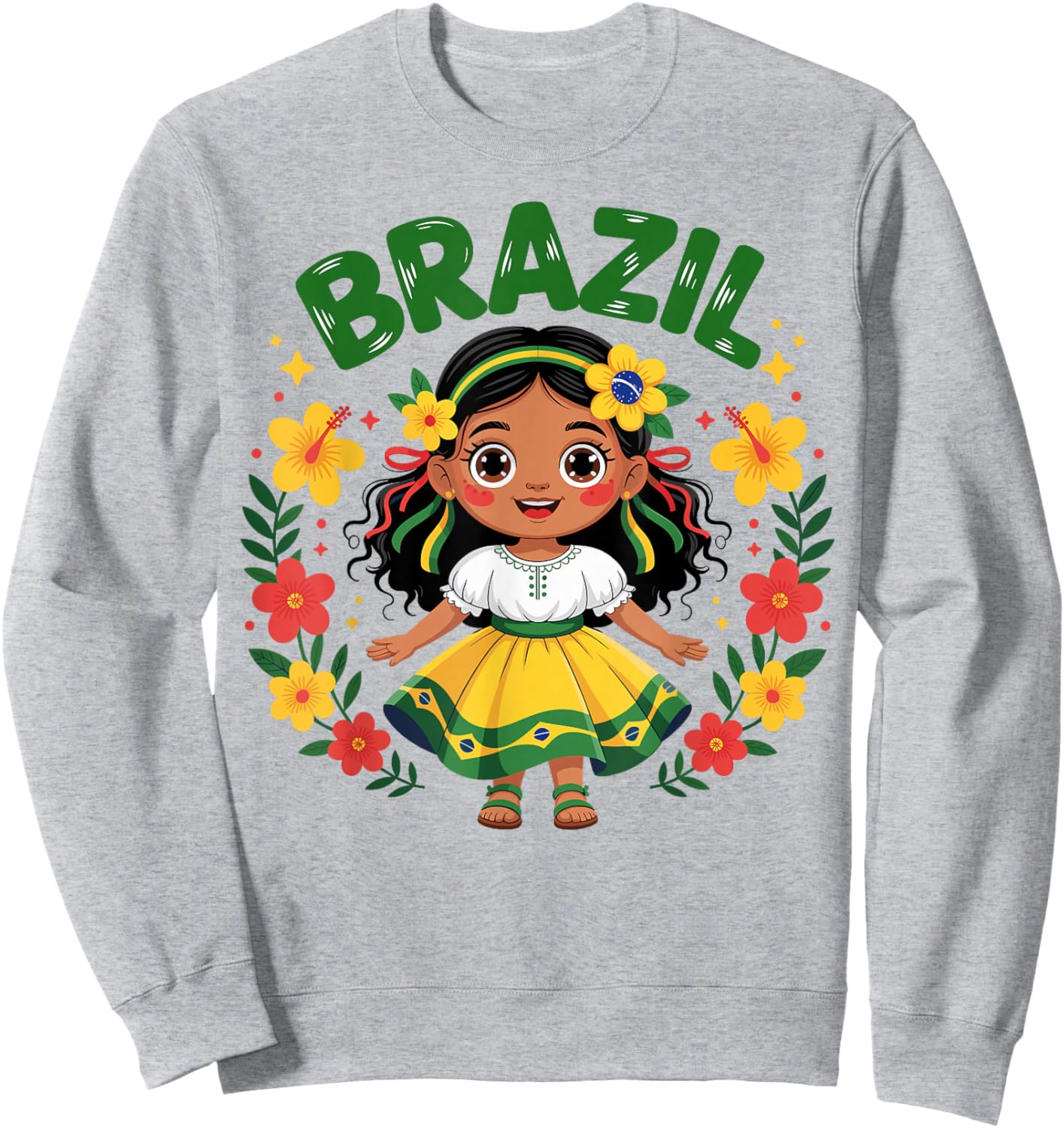 Cute Brazil Girl Traditional Dress Flag Colors Art for Kids Sweatshirt - Sweatshirt | Ash