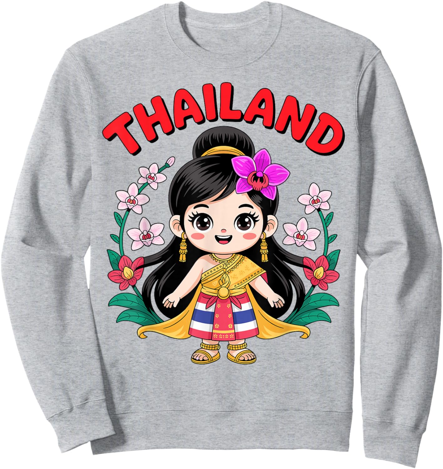 Cute Thailand Girl Traditional Dress with Orchids for Kids Sweatshirt - Sweatshirt | Ash