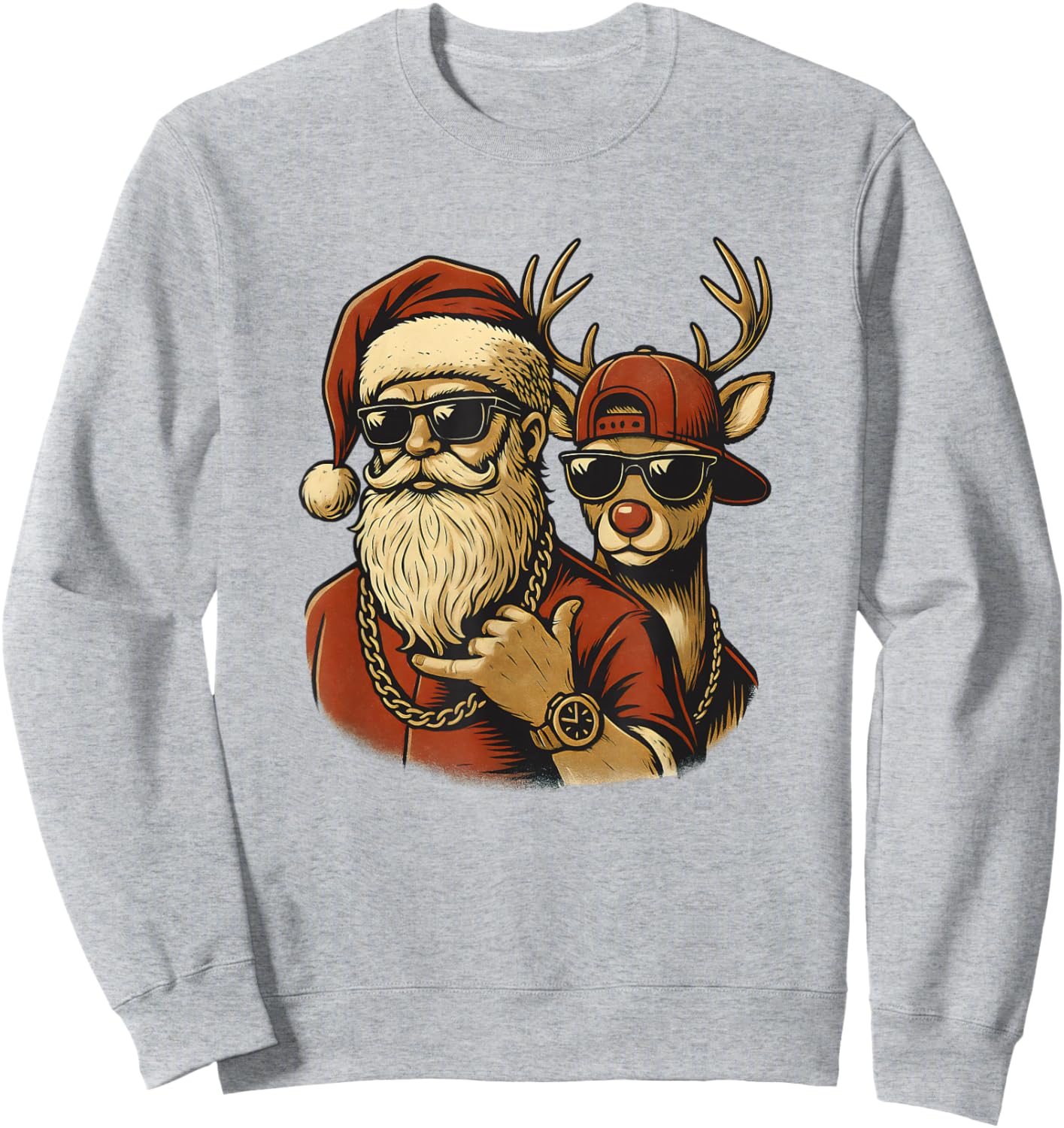 Hip Hop Santa Claus and Cool Reindeer Duo Christmas Holiday Sweatshirt - Sweatshirt | Ash