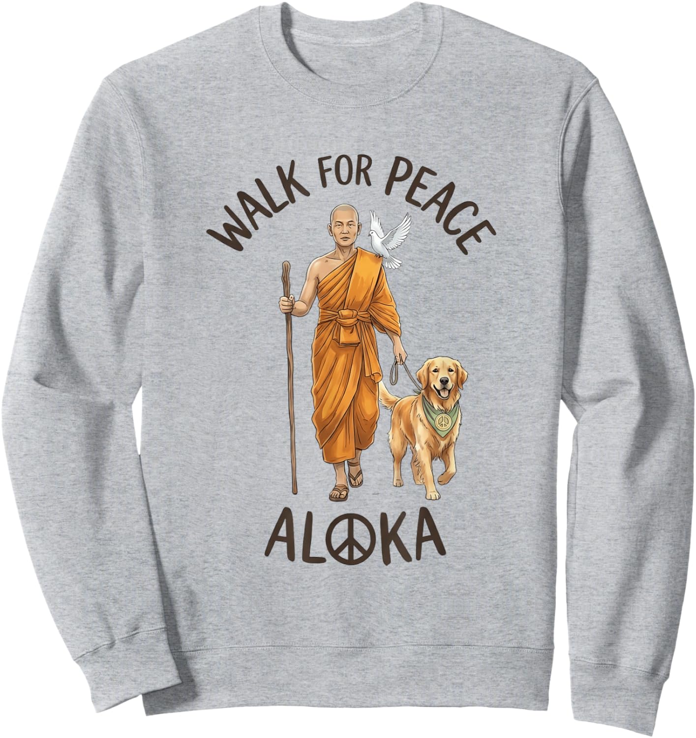 Buddhist Monk Walk for Peace Aloka Line Art Dove Dog Sweatshirt - Sweatshirt | Ash