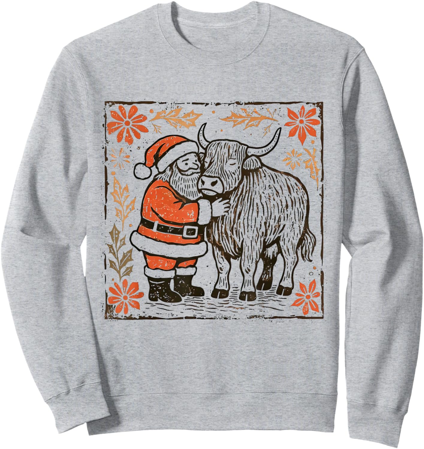 Boho Floral Western Christmas Santa Claus Highland Cow Xmas Sweatshirt - Sweatshirt | Ash