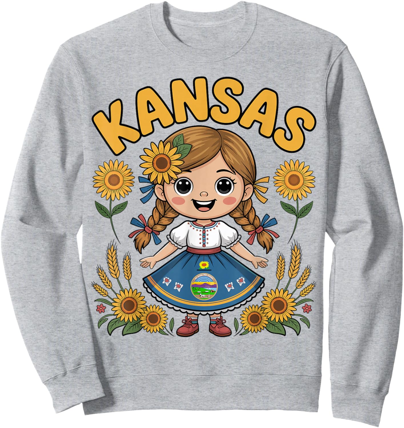 Cute Kansas Girl with Sunflowers and Flag Dress for Kids Sweatshirt - Sweatshirt | Ash