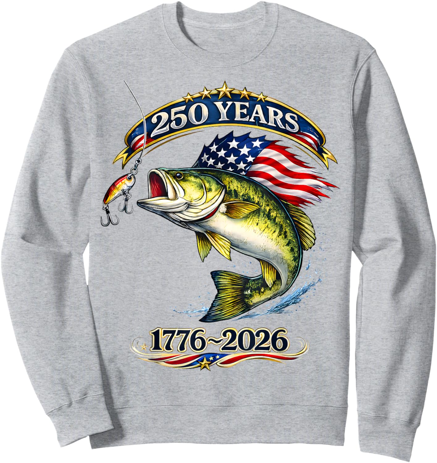 Patriotic Bass Fish and Flag 250 Years Fishing Sweatshirt - Sweatshirt | Ash