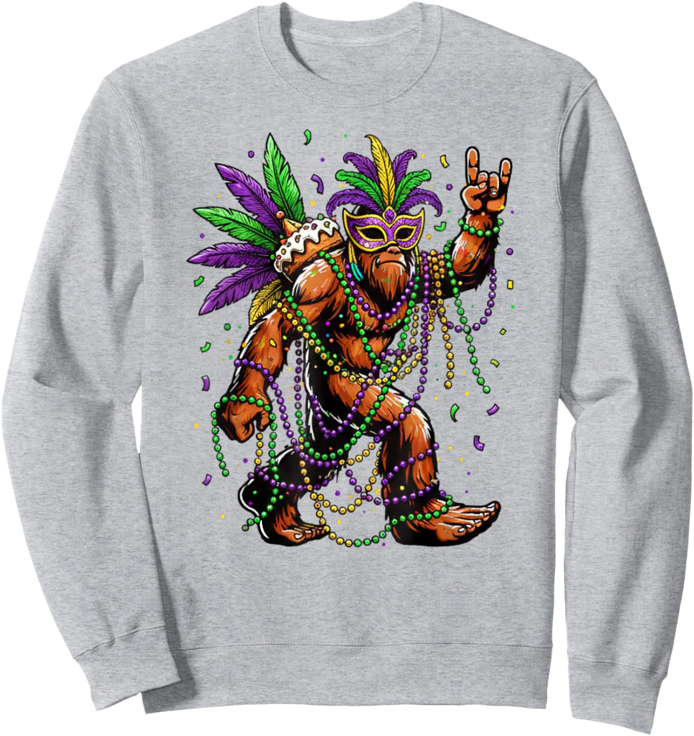 Mardi Gras Bigfoot Beads Necklace King Cake Mask Feathers Sweatshirt - Sweatshirt | Ash