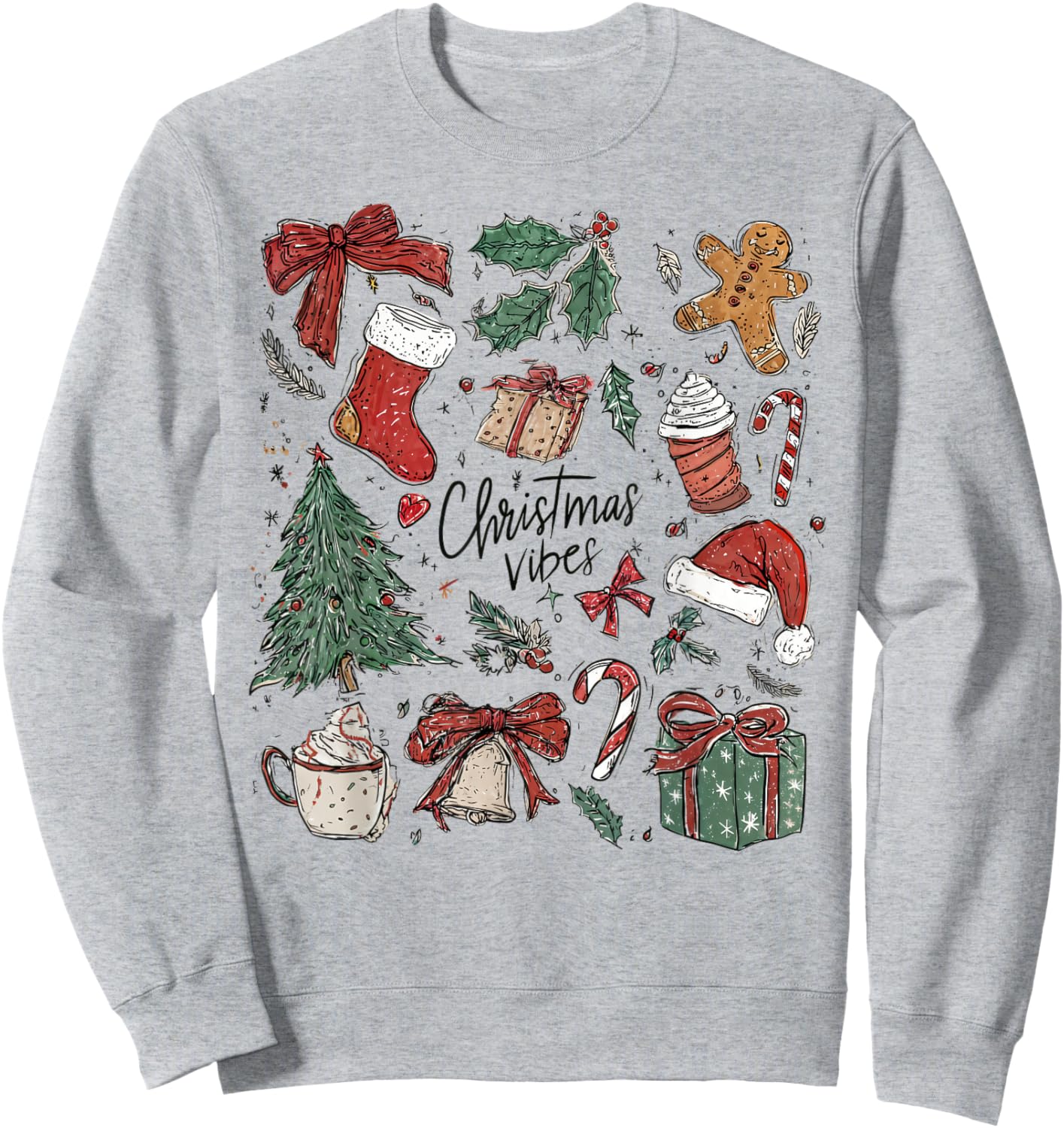 Christmas Vibes Xmas Tree Hot Chocolate Coquette Bow Santa Sweatshirt - Sweatshirt | Ash