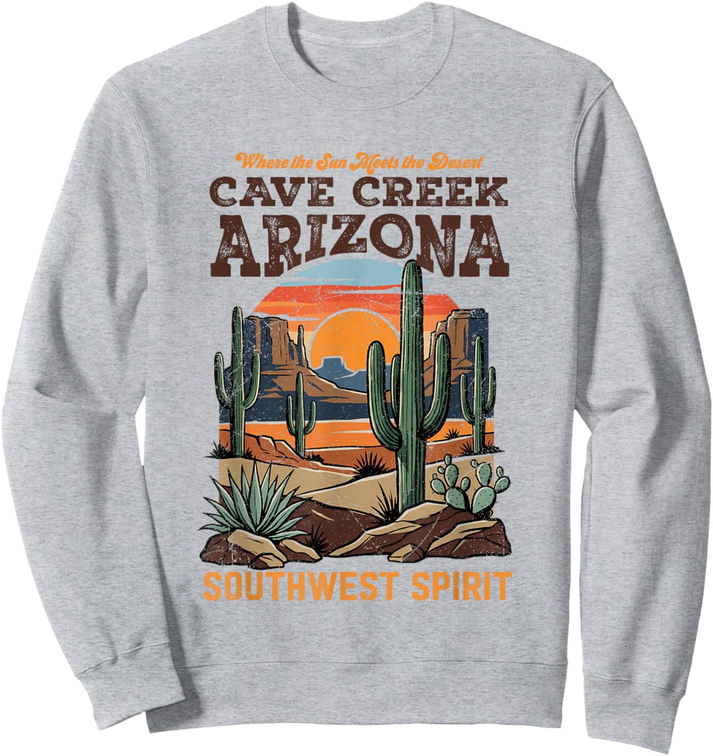 Cave Creek, AZ Southwest Desert Retro Landscape Design Sweatshirt - Sweatshirt | Ash