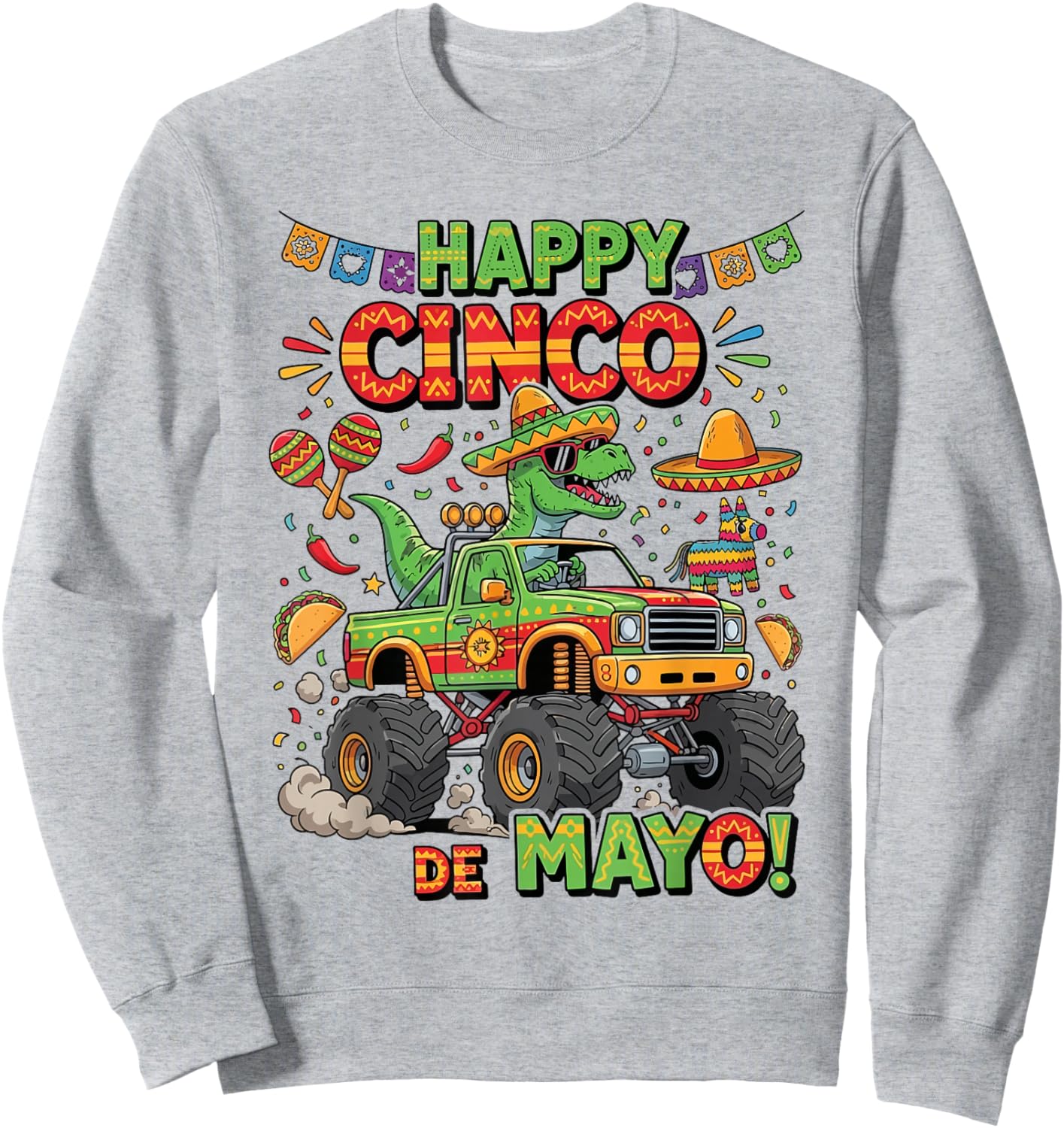 Happy Cinco De Mayo TRex Monster Truck Sombrero Dino Kids Sweatshirt - Sweatshirt | Ash