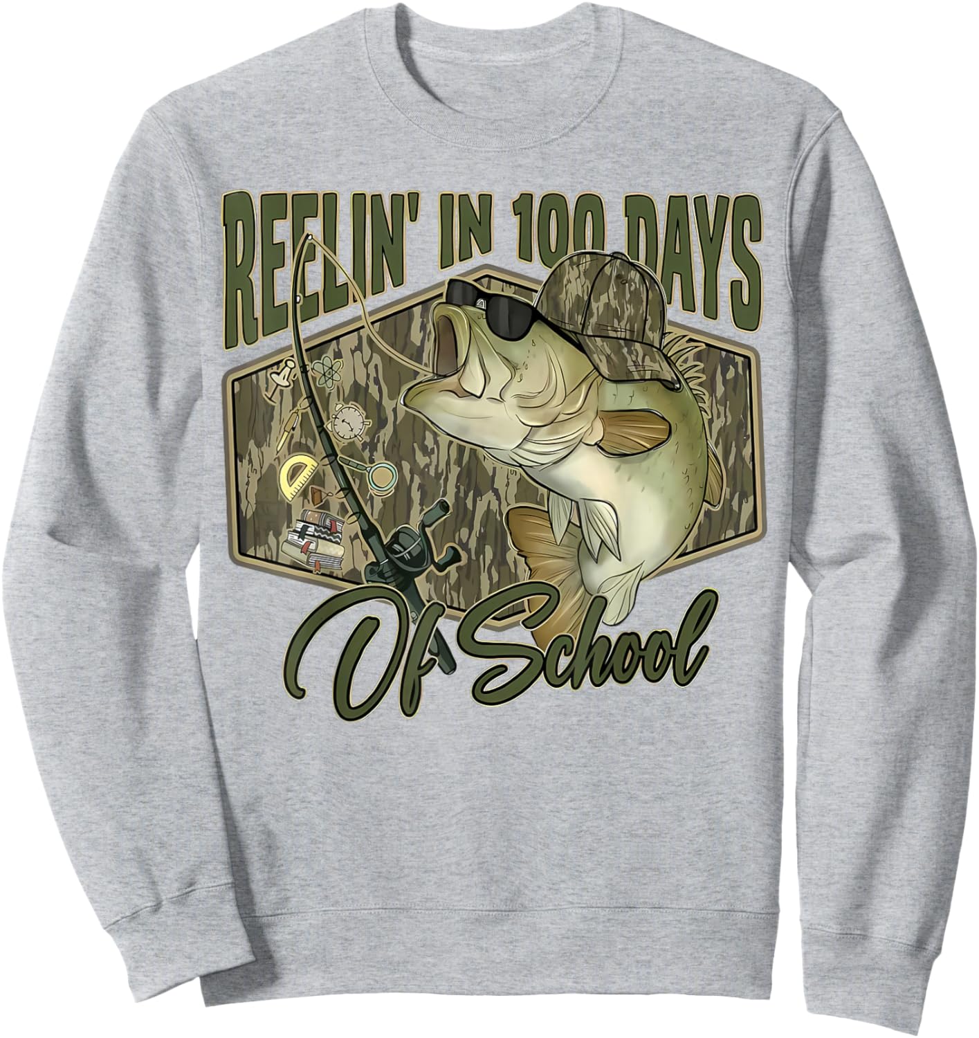 Retro Reelin’ in 100 Days of School Camo Bass Fishing Boys Sweatshirt - Sweatshirt | Ash