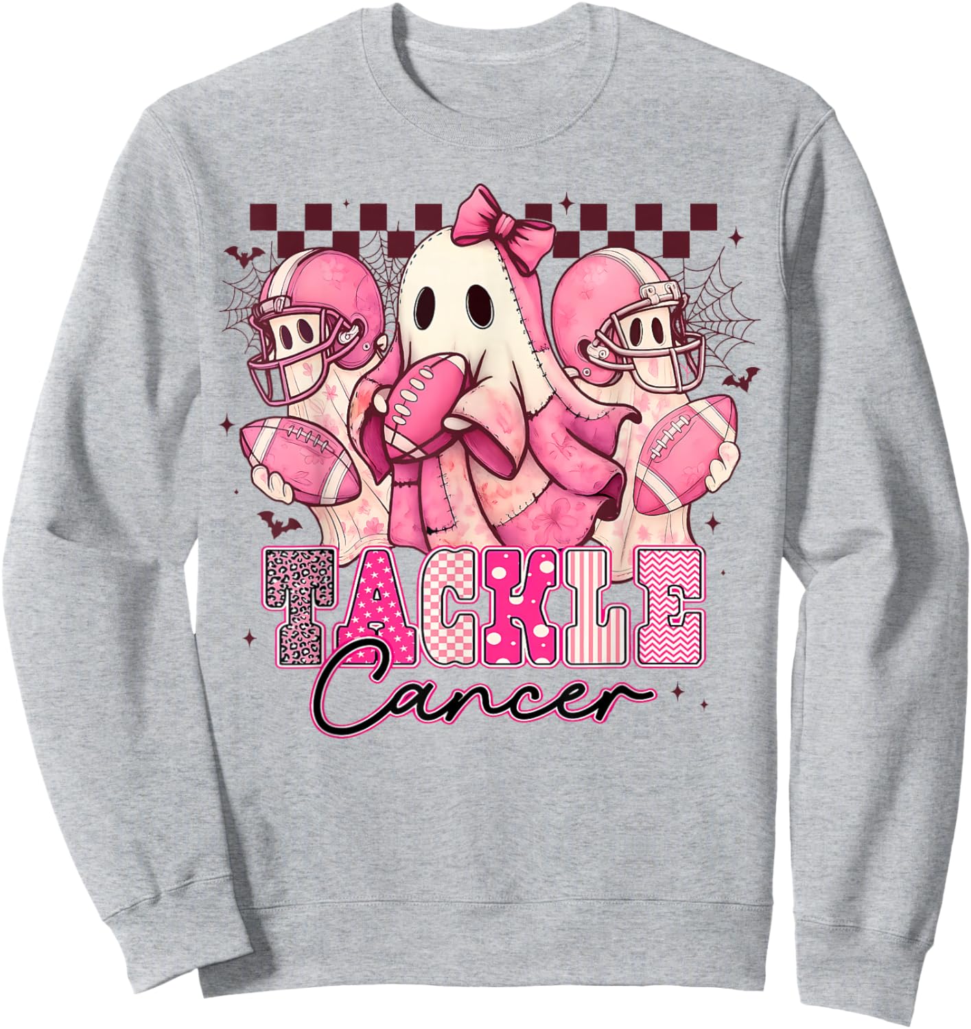 Pink Out Tackle Breast Cancer Awareness Football Ghost Sweatshirt - Sweatshirt | Ash