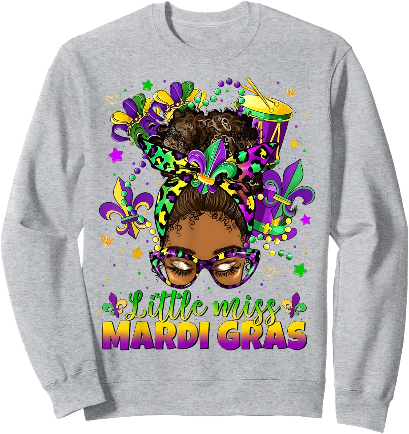 Little Miss Mardi Gras Afro Messy Bun Girl Women Kid Sweatshirt - Sweatshirt | Ash