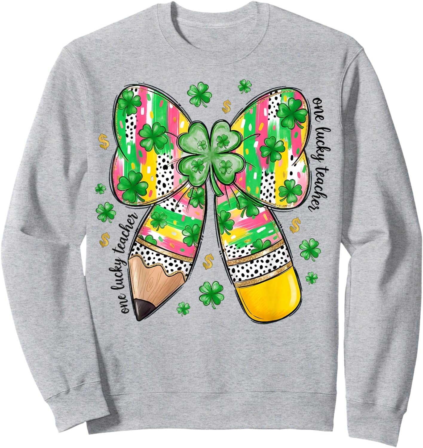 One Lucky Teacher St Patrick's Day Coquette Pencil Shamrock Sweatshirt - Sweatshirt | Ash