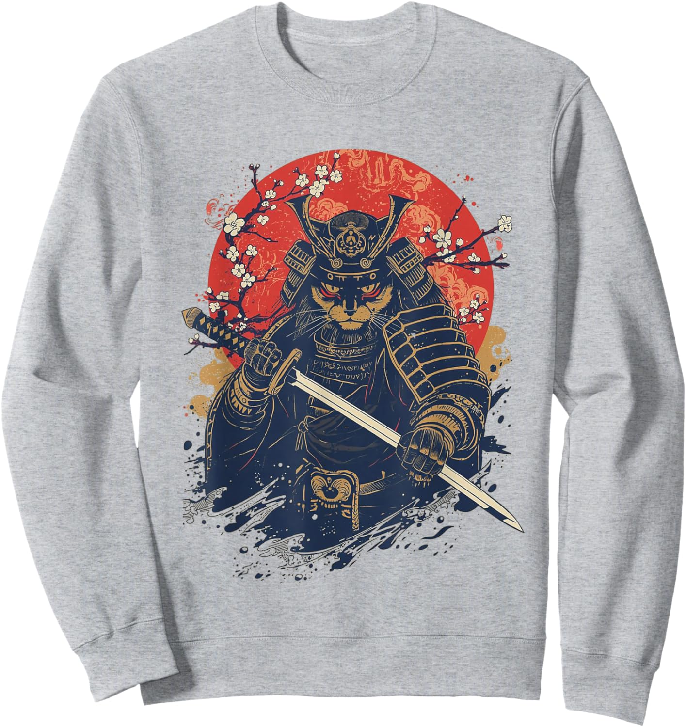 Kawaii Samurai Cat Print Graphic Women Sweatshirt - Sweatshirt | Ash