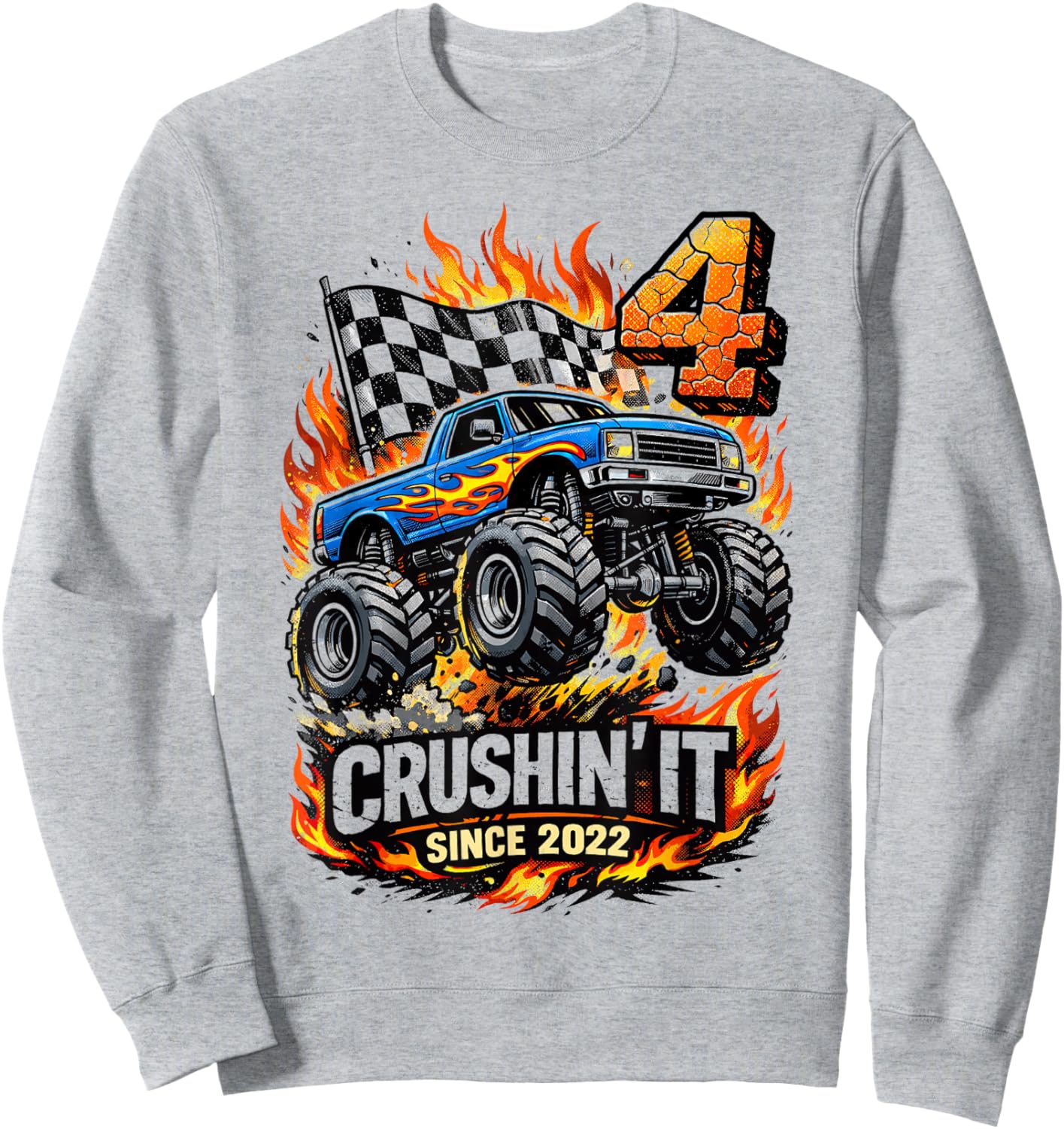 Birthday Monster Truck 4 Year Old Boys 4th Party Born 2022 Sweatshirt - Sweatshirt | Ash