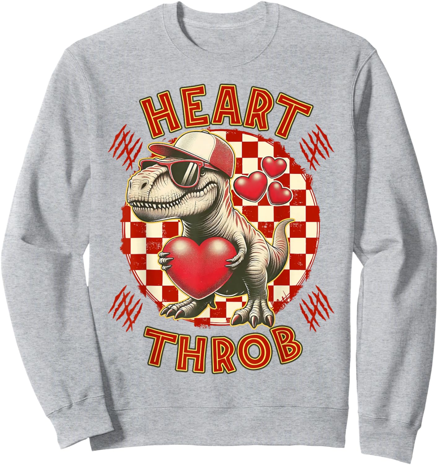 Heart Dinosaur Throb Valentines Day T Rex Checkered Print Sweatshirt - Sweatshirt | Ash