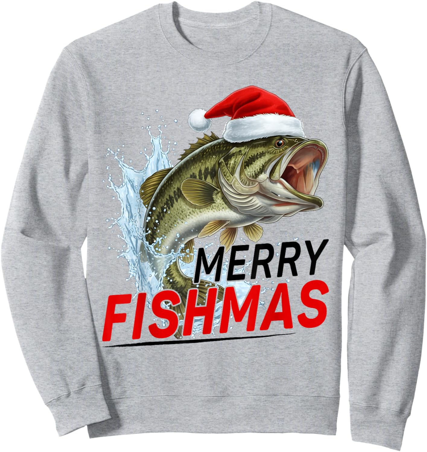 Merry Fishmas Funny Christmas Bass Fisherman Santa Hat Sweatshirt - Sweatshirt | Ash
