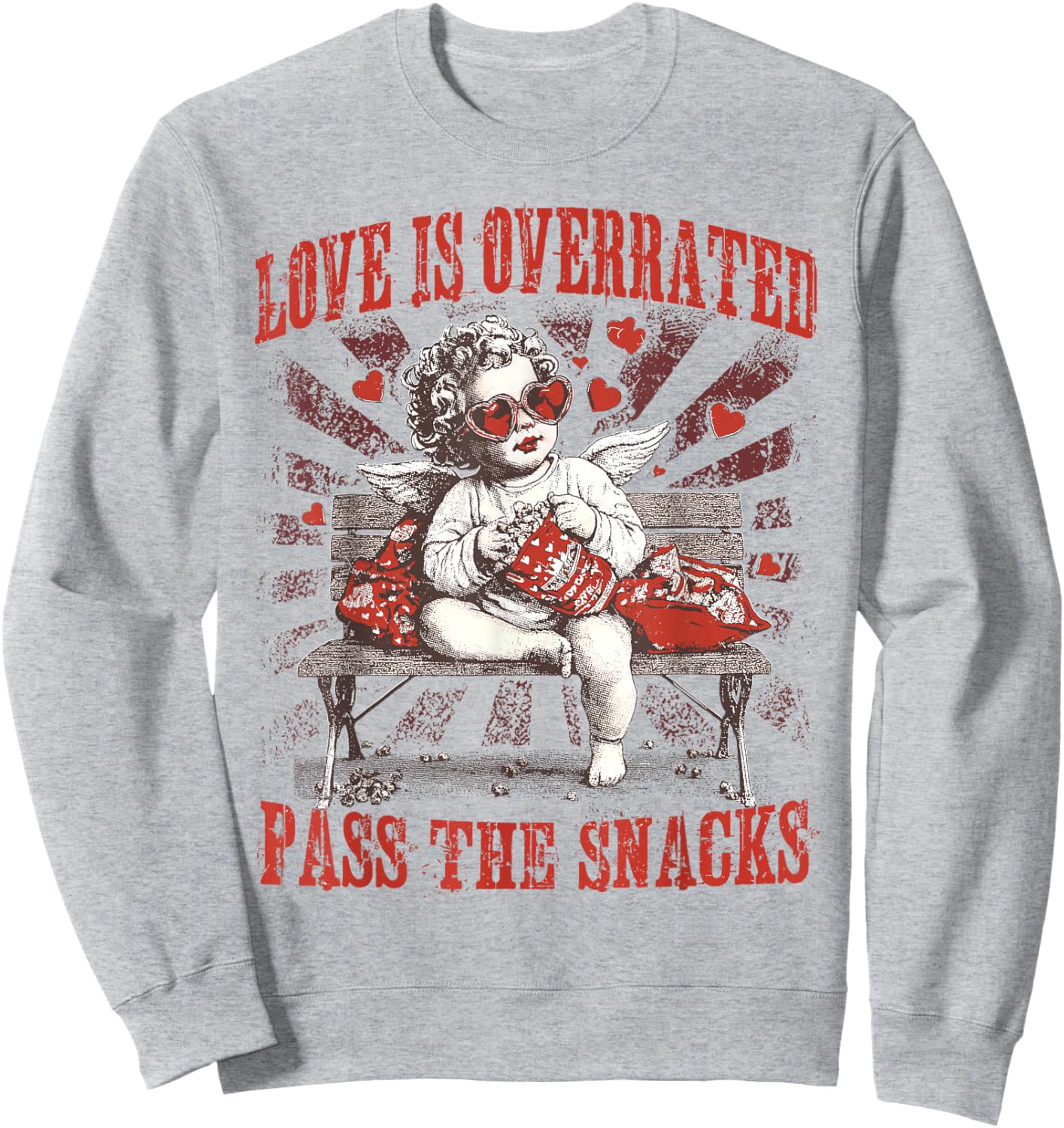 Funny Cupid Love is Overrated Pass The Snacks Anti Valentine Sweatshirt - Sweatshirt | Ash