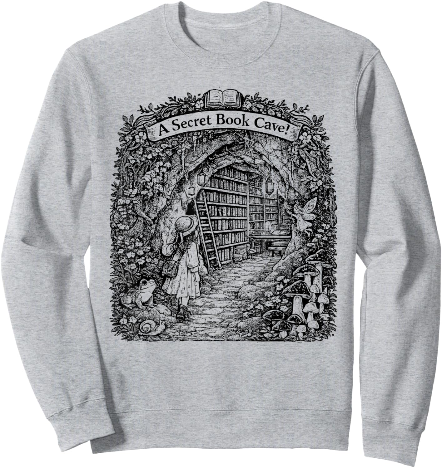 for Bookworm | A Secret Book CAVE | Frog Girl Mushroom Books Sweatshirt - Sweatshirt | Ash