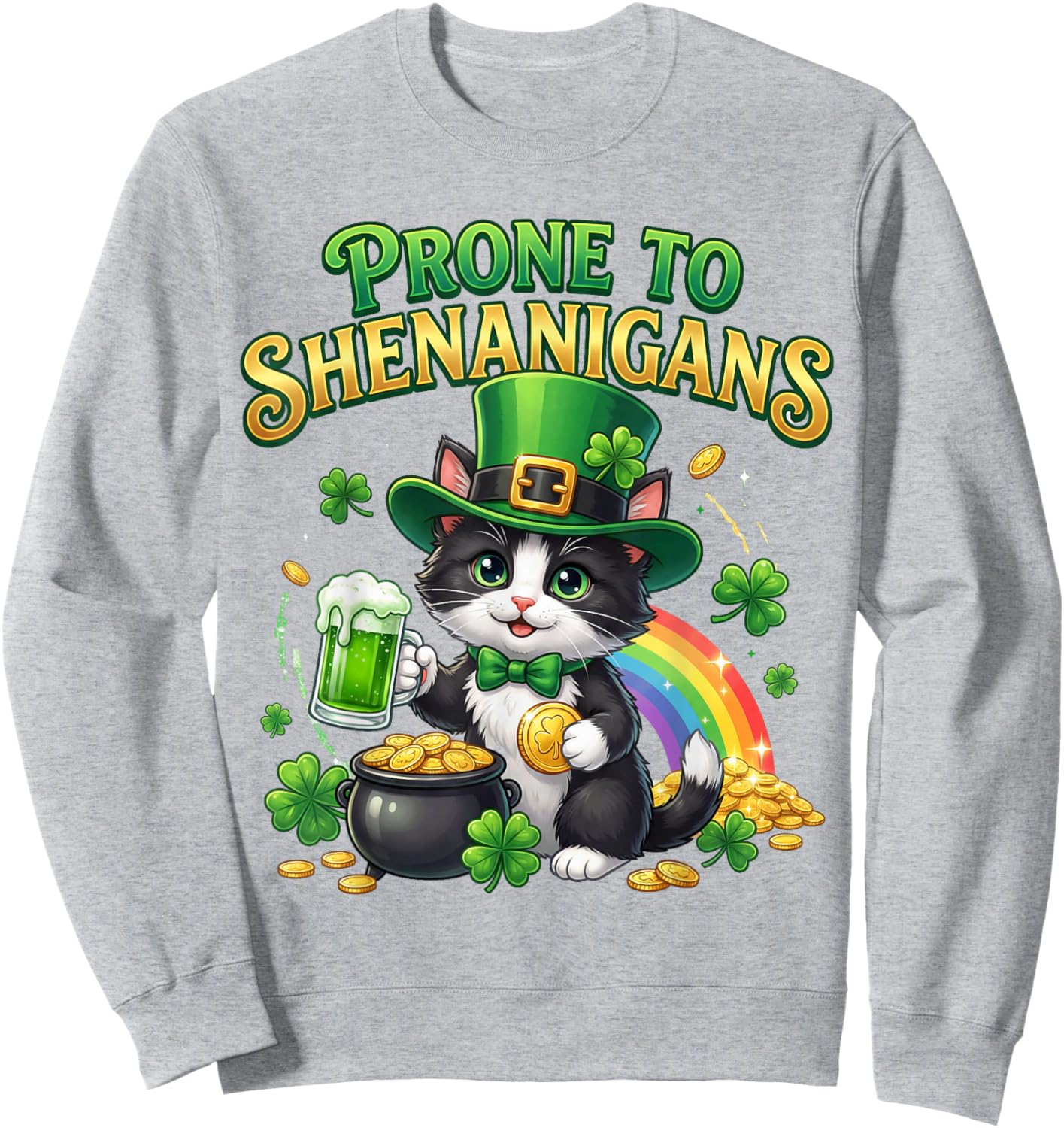 Tuxedo Cat Saint Patrick's Day Prone to Shenanigans Sweatshirt - Sweatshirt | Ash