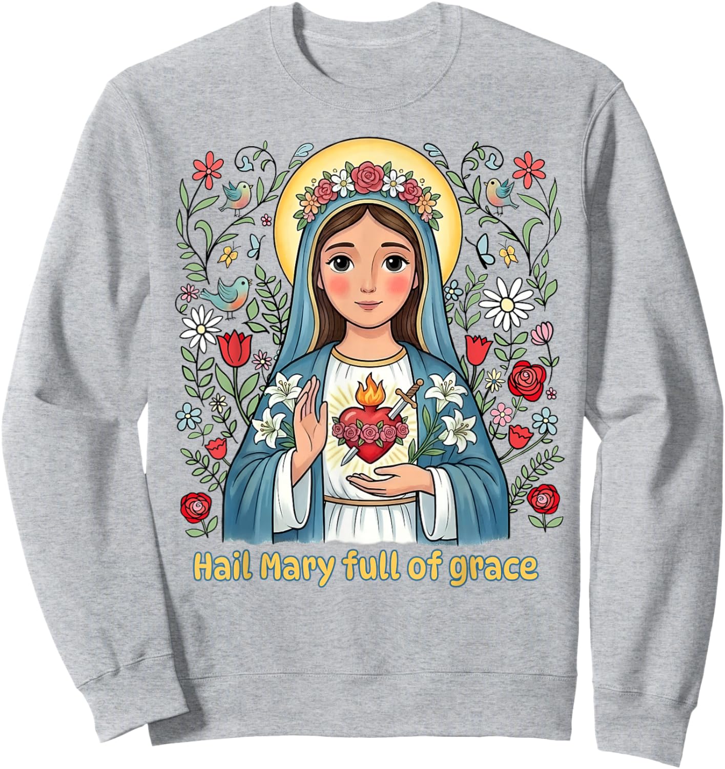 Beautiful Catholic Hail Mary Full of Grace Floral Kids Sweatshirt - Sweatshirt | Ash
