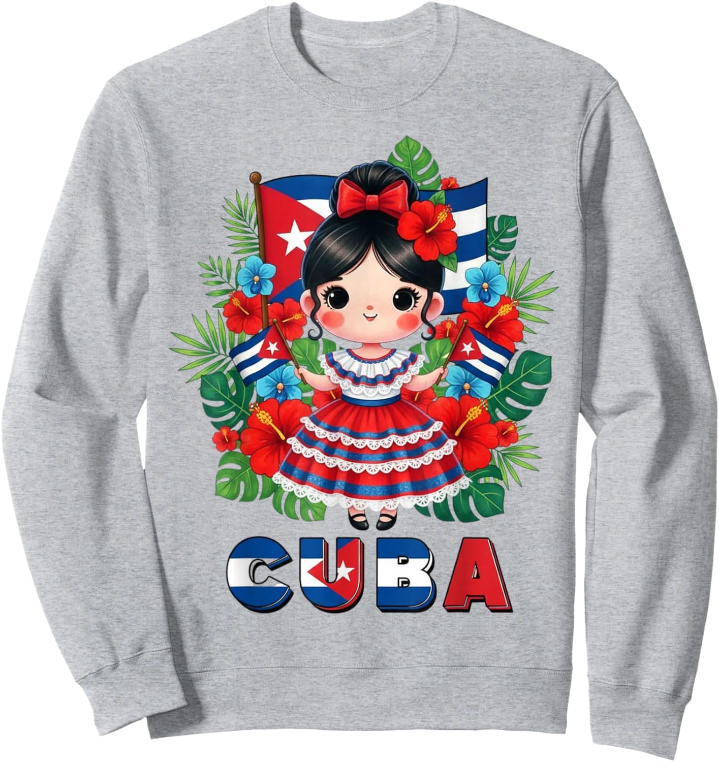 Cute Cuba Cuban Girl Traditional Dress Tropical Flowers Sweatshirt - Sweatshirt | Ash