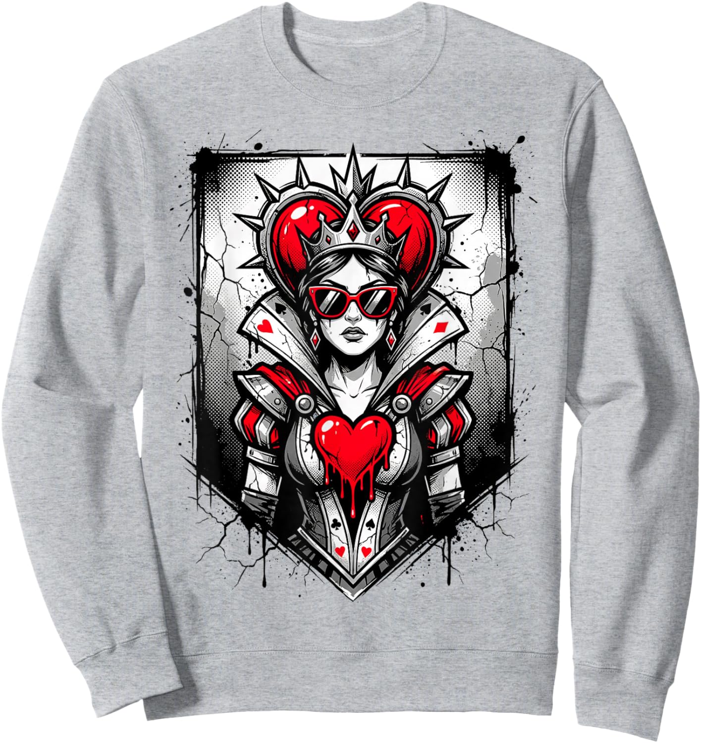 Red Queen of Hearts Rebel Crown Sunglasses Poker Card Women Sweatshirt - Sweatshirt | Ash