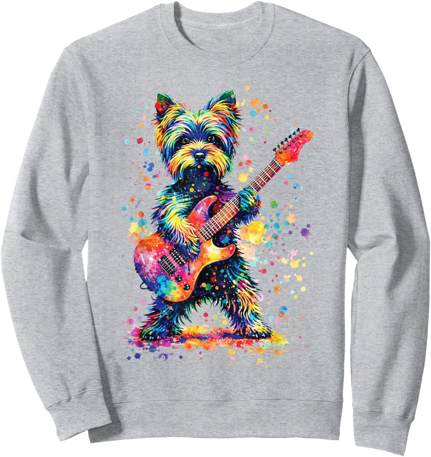 Colorful Yorkie Rock Funny Dog Playing Guitar Rock Style Sweatshirt - Sweatshirt | Ash