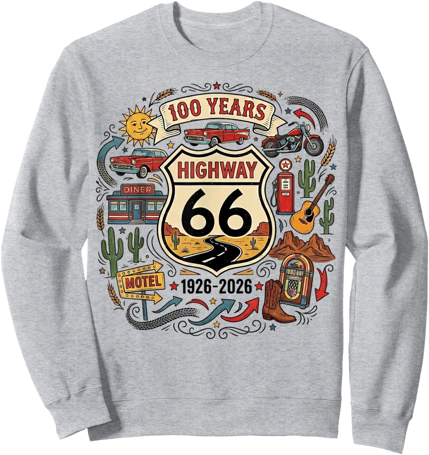 Highway 66 100 Years Centennial 1926-2026 Road Trip Vintage Sweatshirt - Sweatshirt | Ash