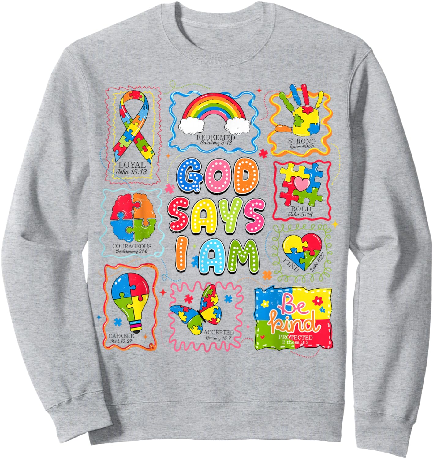 God Says I Am Bible Verse Religious Autism Awareness Kids Sweatshirt - Sweatshirt | Ash