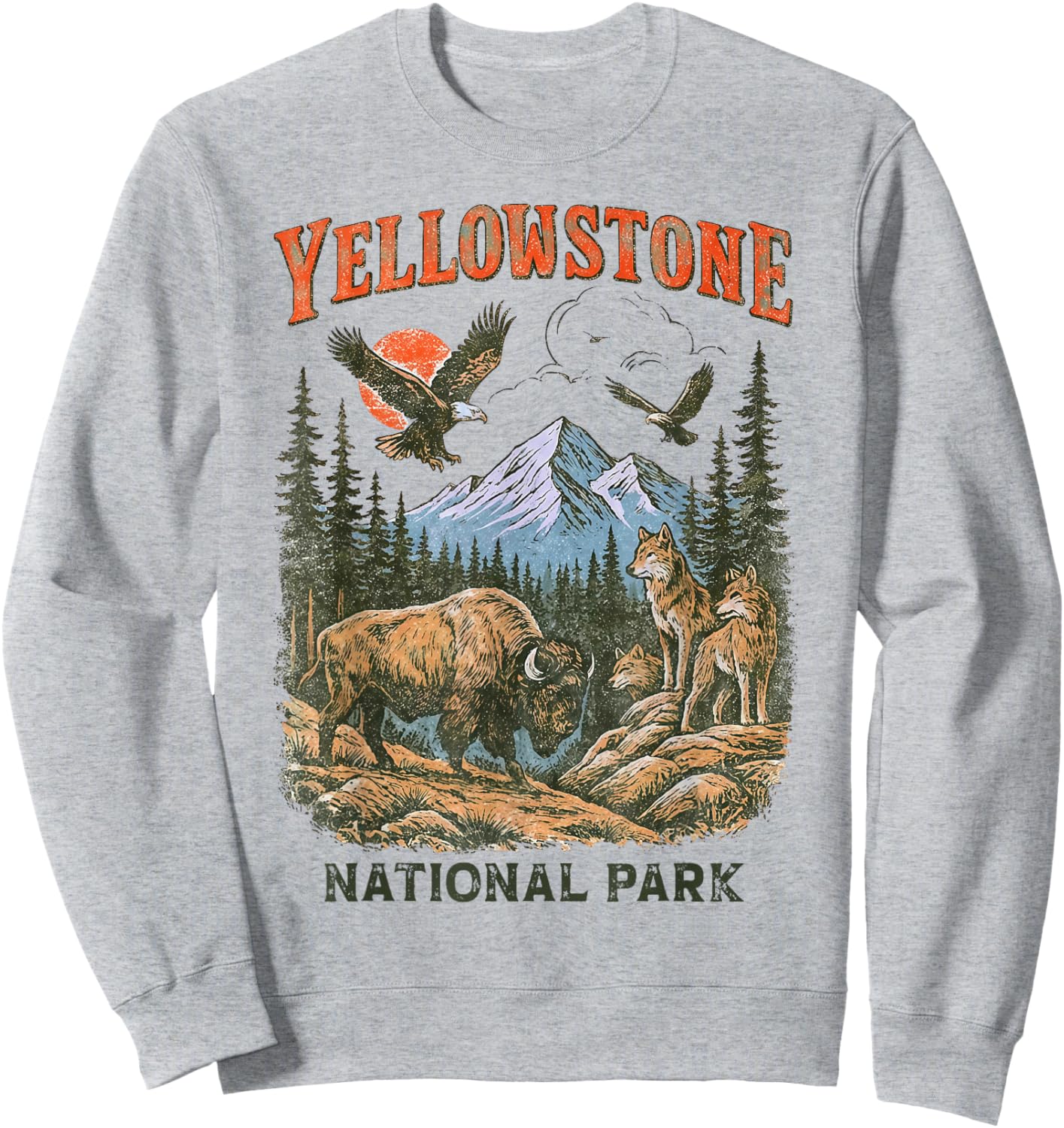 Yellowstone US National Park Wolf Bison Bear Flying Eagles Sweatshirt - Sweatshirt | Ash