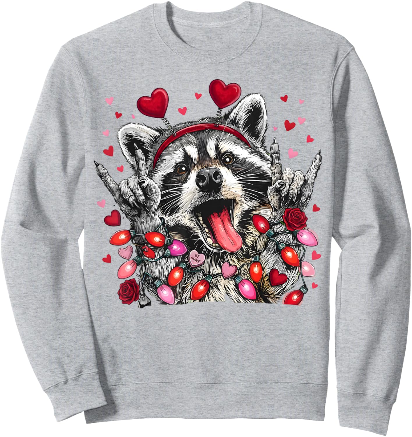 Rock On Hand Sign Racoon Meme Funny Valentines Sweatshirt - Sweatshirt | Ash