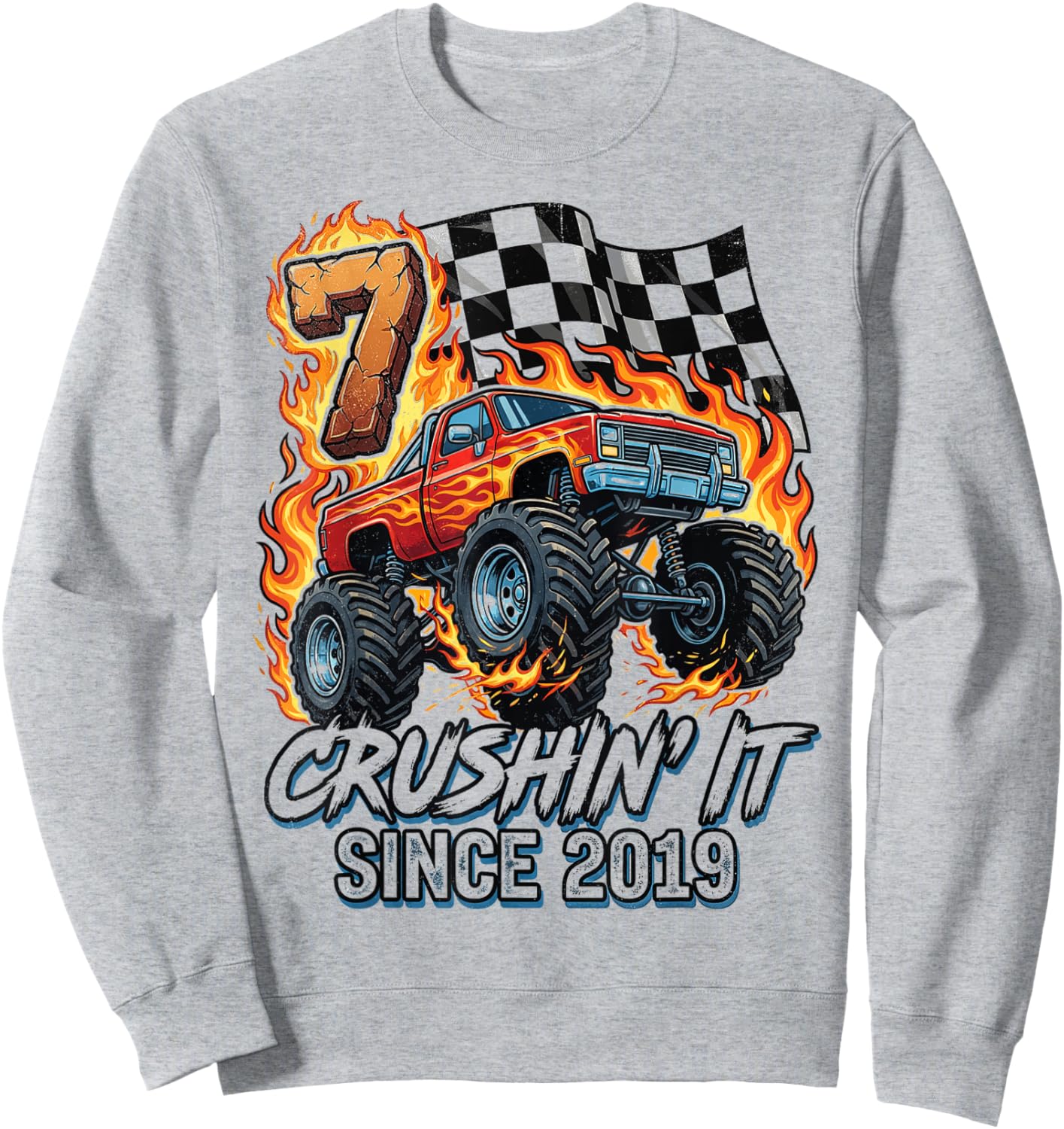 Birthday Monster Truck 7 Year Old Boys 7th Party Born 2019 Sweatshirt - Sweatshirt | Ash