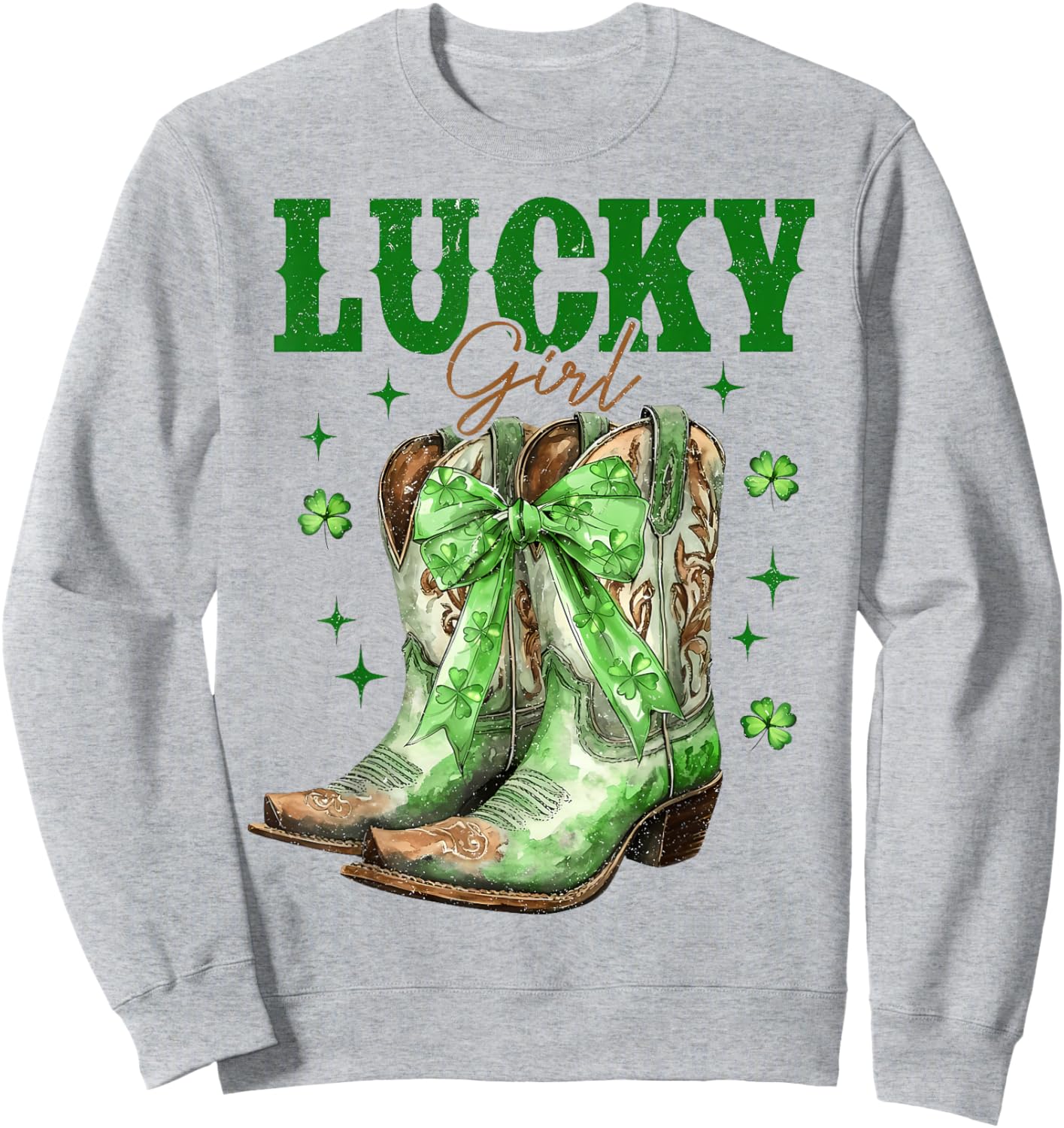 St Patrick's Day Cowboy Boots Green Shamrock Bow Lucky Girl Sweatshirt - Sweatshirt | Ash