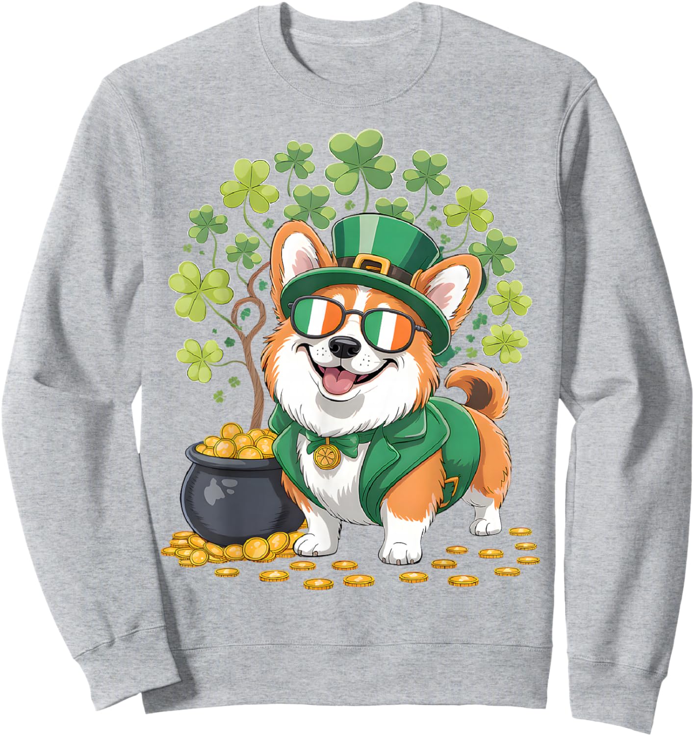 St Patricks Day Corgi Dog Shamrock Tree Leprechaun Hat Sweatshirt - Sweatshirt | Ash