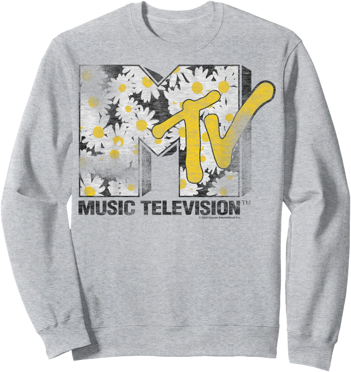 MTV Classic Distressed Logo Filled with Daisy Pattern Sweatshirt - Sweatshirt | Ash