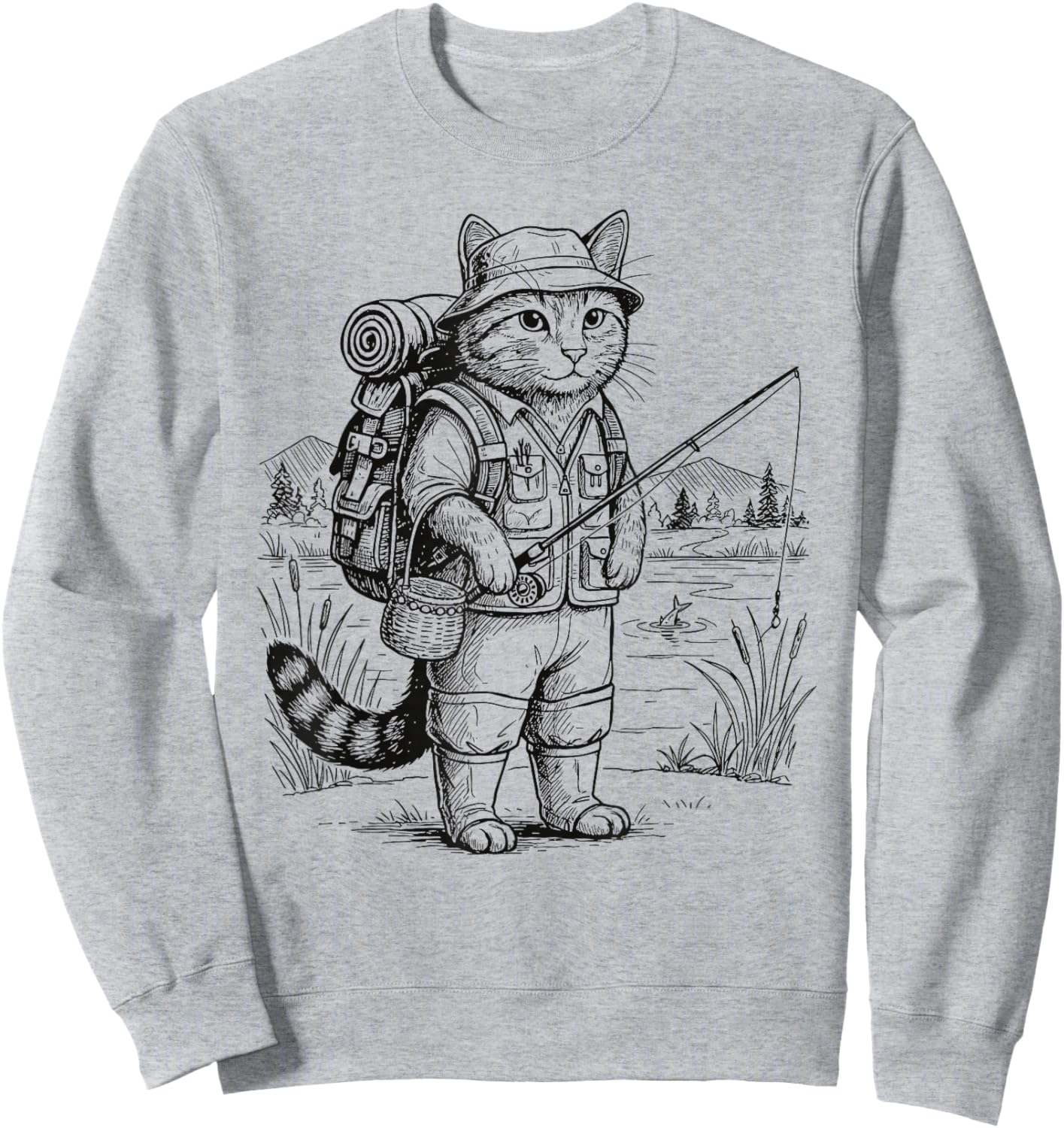 Fish Cat Fisherman Sweatshirt - Sweatshirt | Ash