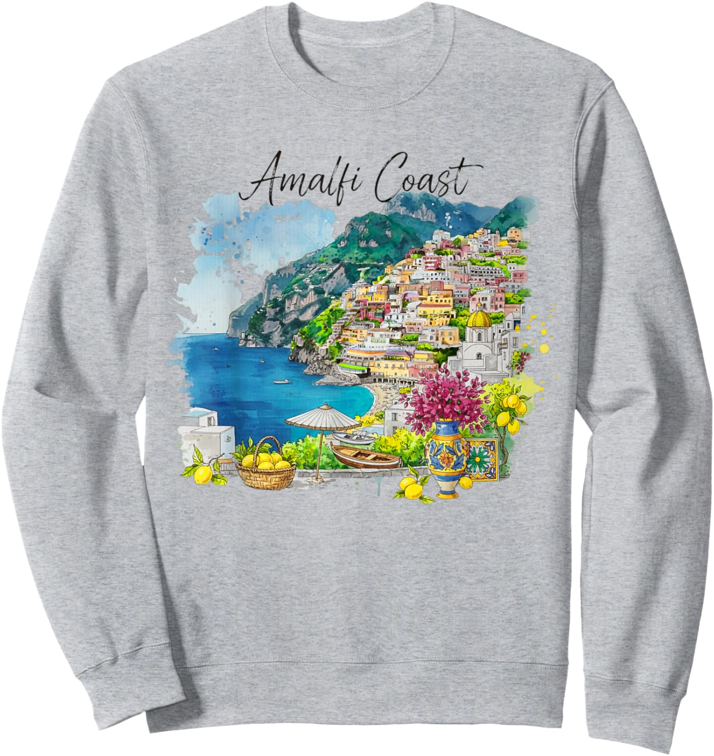 Amalfi Coast Italy Watercolor Scenery Travel Souvenir Sweatshirt - Sweatshirt | Ash