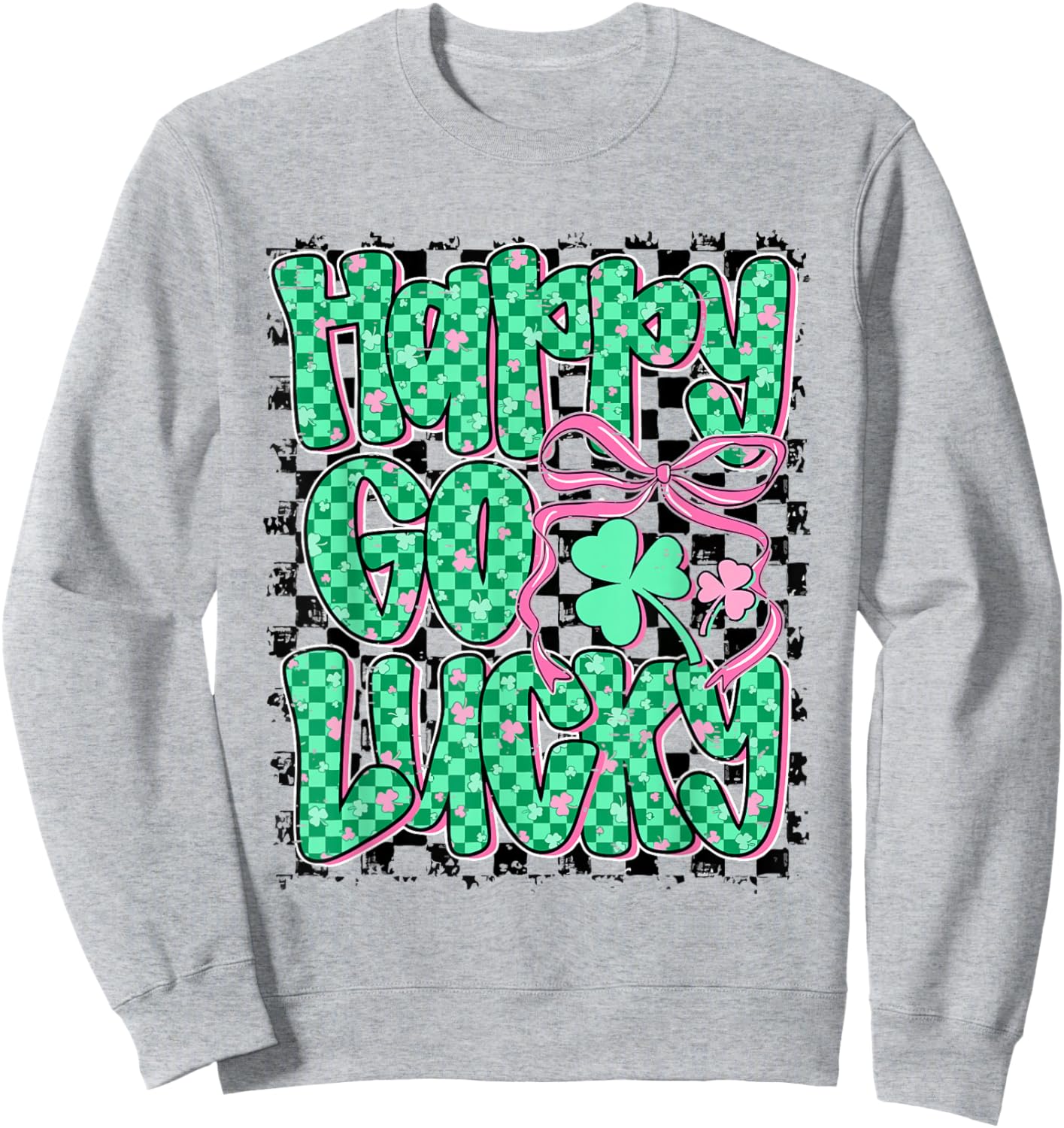 Retro Checkered Happy Go Lucky Shamrock Cute St Patricks Day Sweatshirt - Sweatshirt | Ash