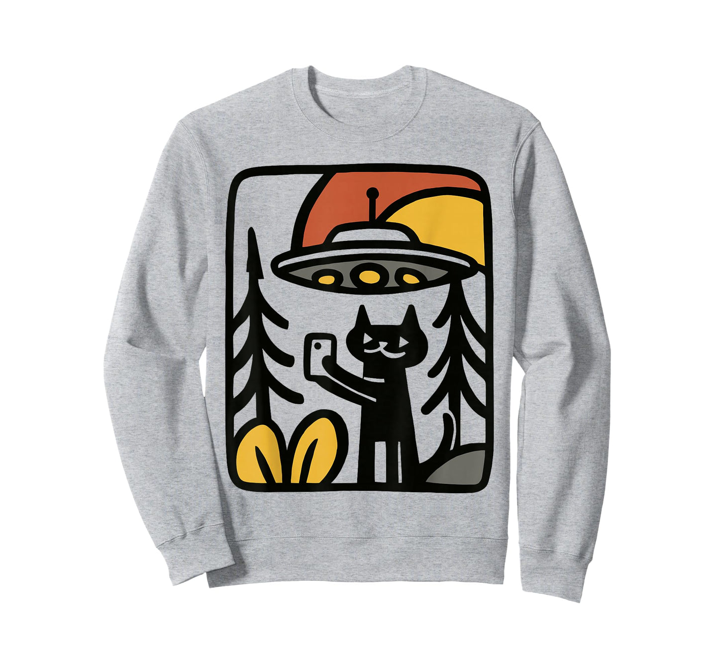 Black Cat UFO Selfie – Funny Alien Forest Art Illustration T-Shirt