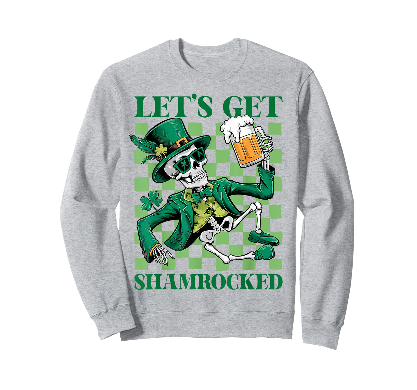Lets Get Retro Shamrocked Skeleton Drink Checkered Graphic T-Shirt