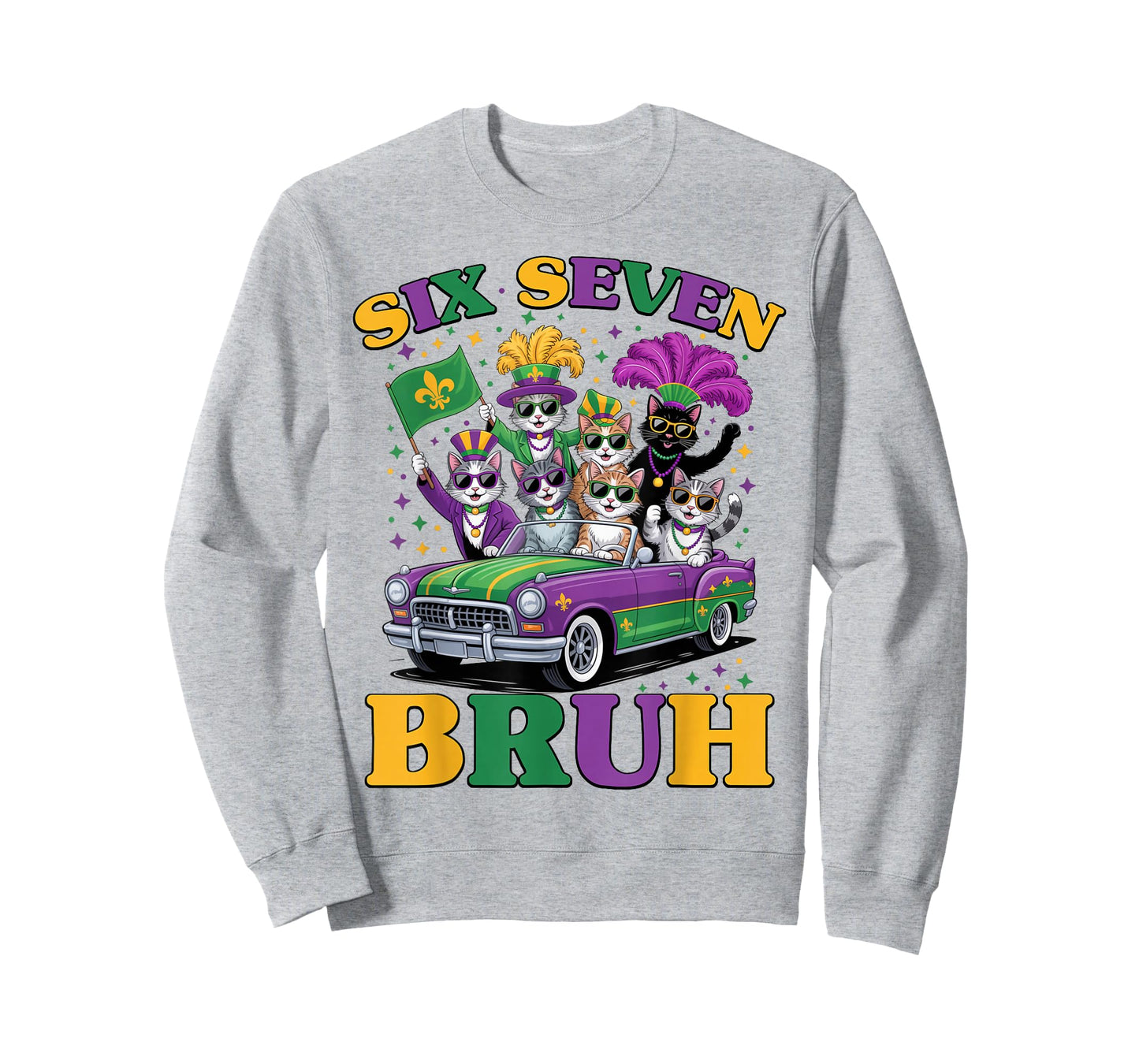Mardi Gras Six Seven Bruh Funny Cat 6 7 Meme Men Women T-Shirt