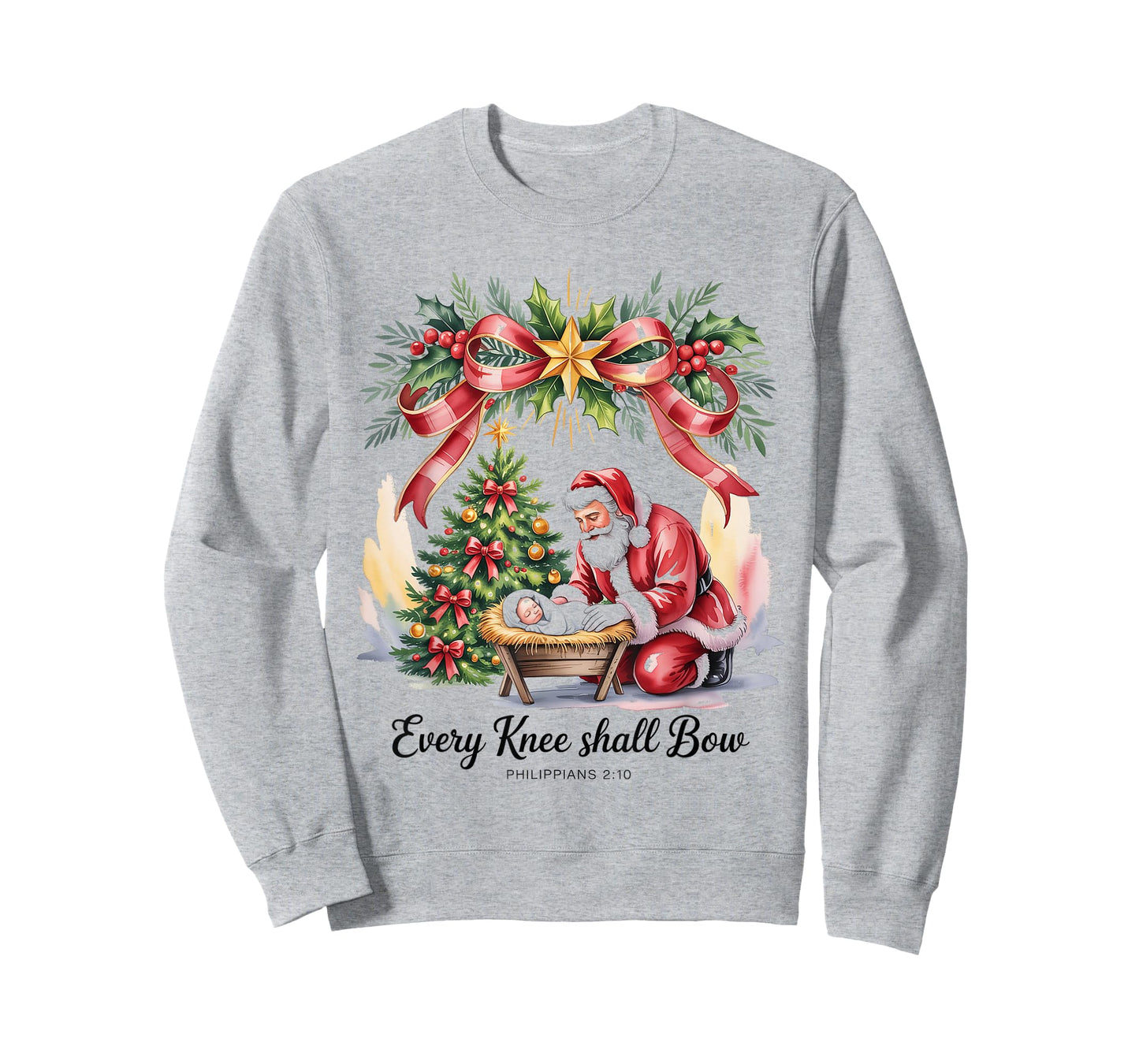 Vintage Every Knee Shall Bow Santa Clause Religious Xmas T-Shirt