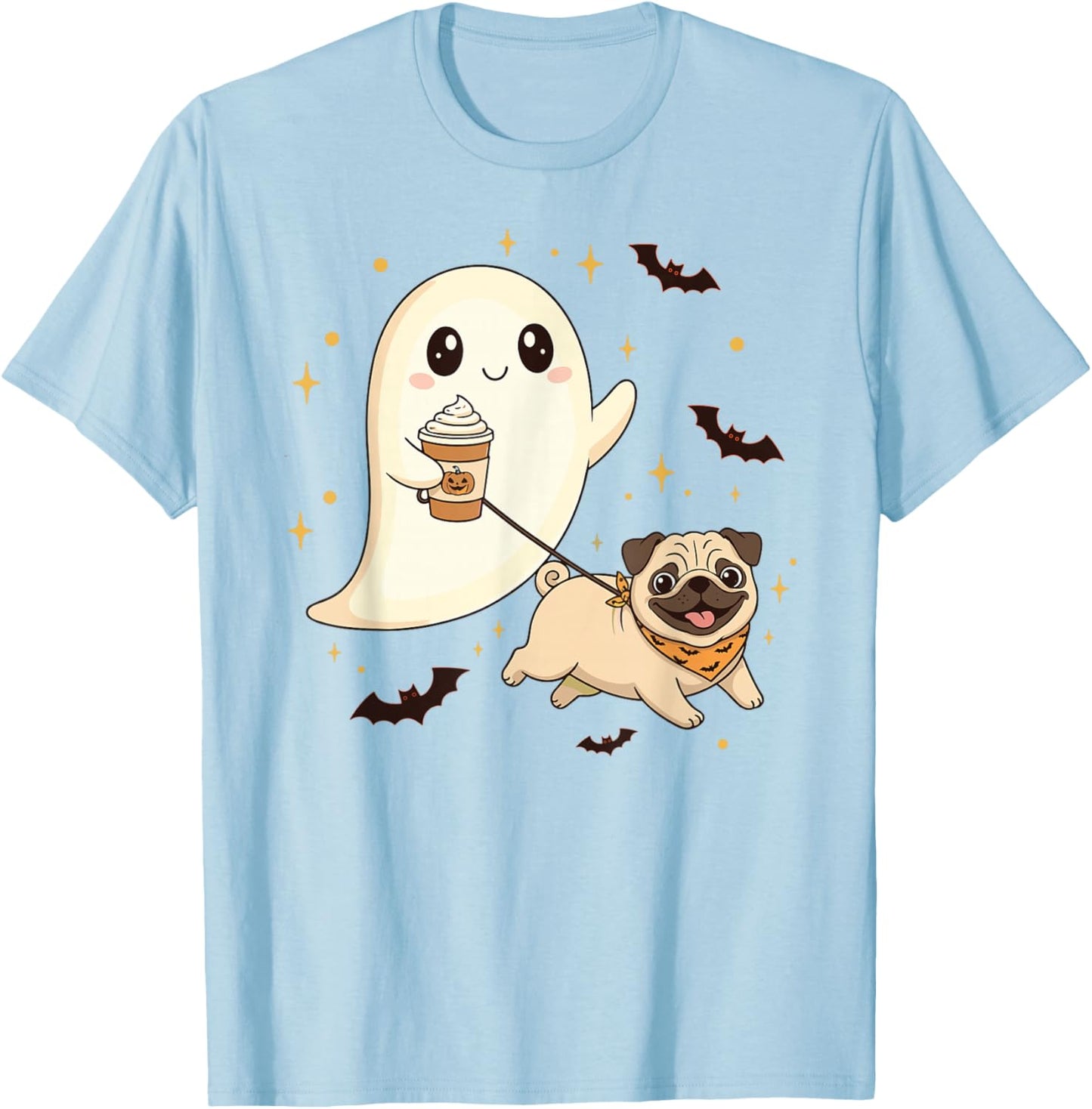 Cute Ghost Walking Dog Pug Coffee Halloween Costume T-Shirt - T-Shirt | Light Blue
