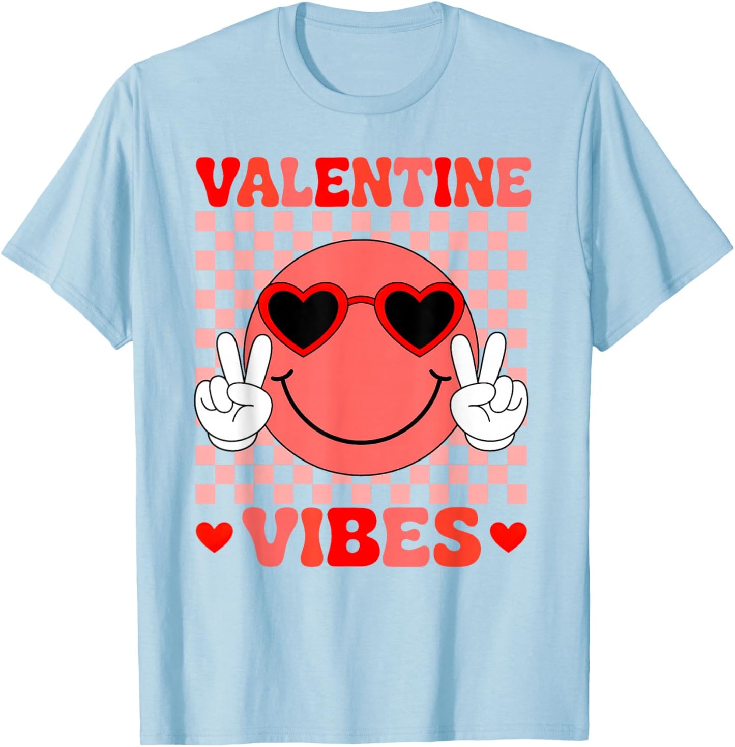 Groovy Valentine Vibes Smile Face Valentines Day Girls Women T-Shirt - T-Shirt | Light Blue