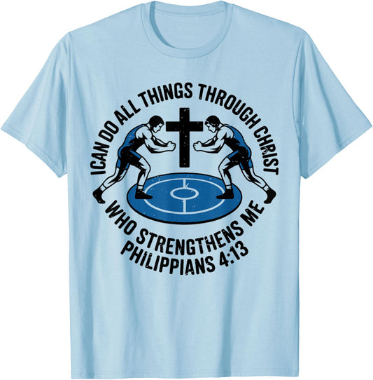 Youth Wrestling Christian Jesus I Can Do All Things Wrestler T-Shirt - T-Shirt | Light Blue