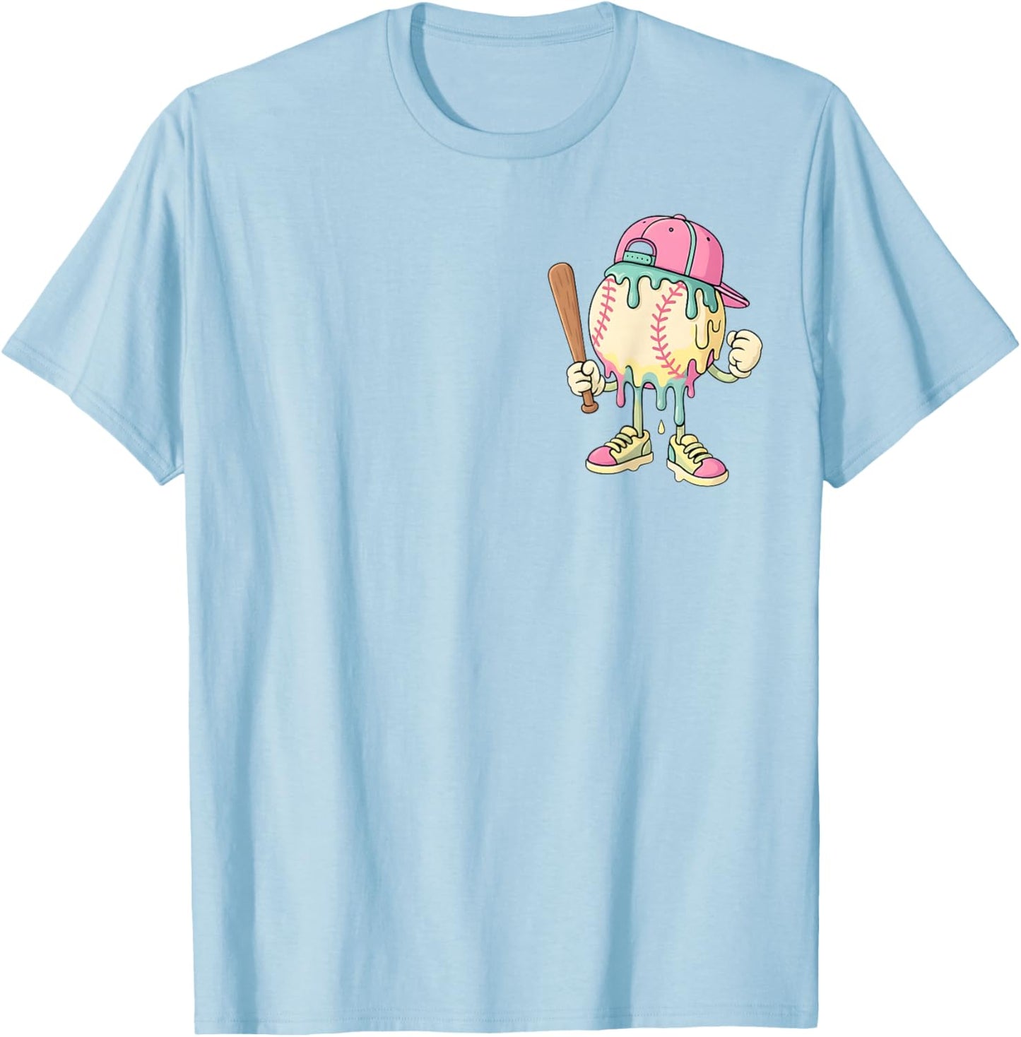 Cute Baseball Ice Cream Drip for Girls & Boys (2 Sides) T-Shirt - T-Shirt | Light Blue