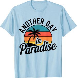 Funny Another Day in Paradise Retro Sunset Palm Tree T-Shirt - T-Shirt | Light Blue