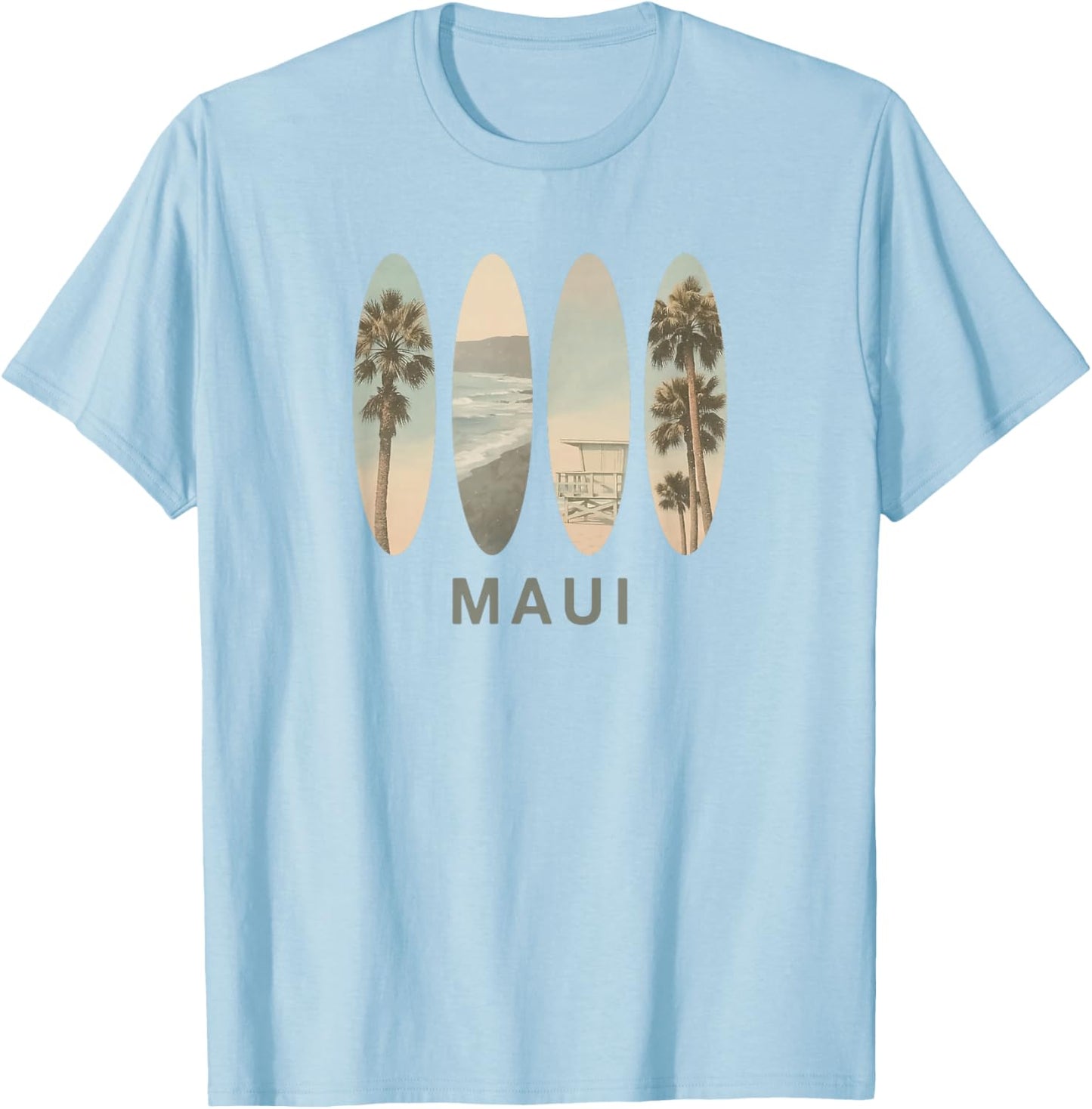 Maui Hawaii Retro Surfboard Graphic T-Shirt - T-Shirt | Light Blue
