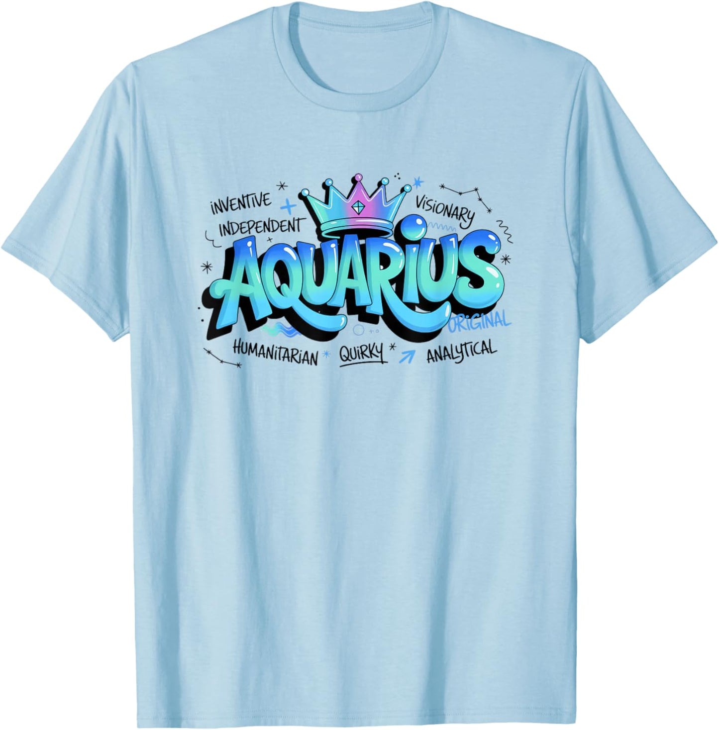 Colorful Aquarius Zodiac Typography Sign Quirky Design T-Shirt - T-Shirt | Light Blue